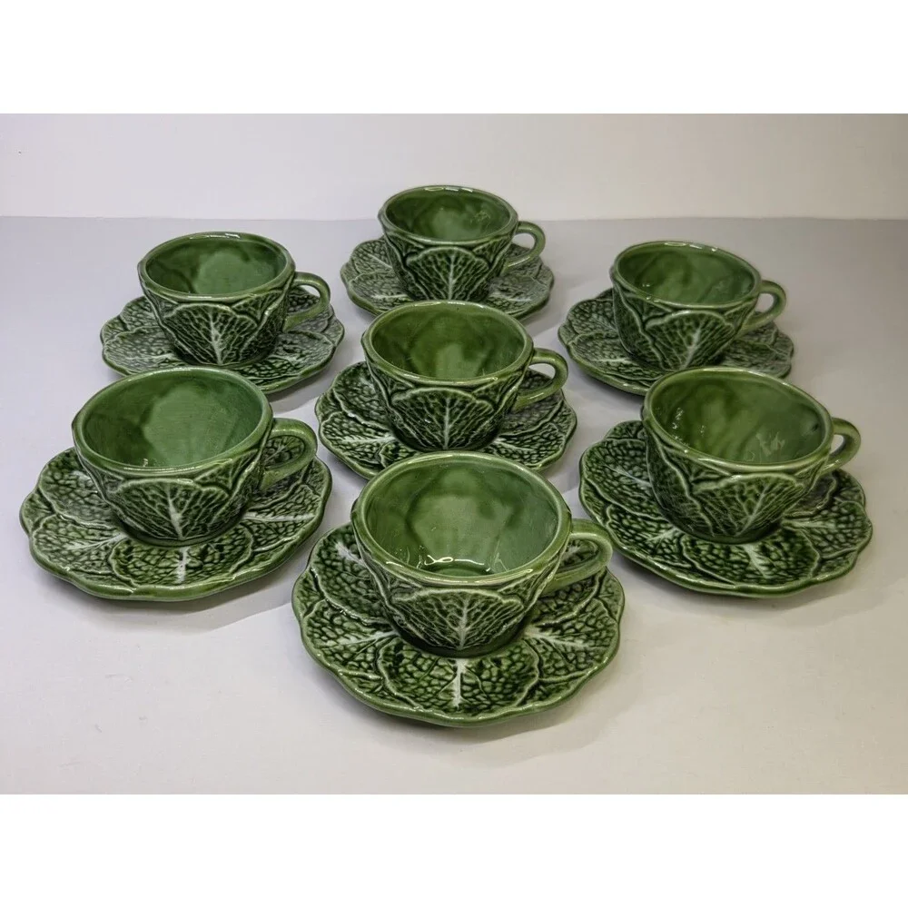 14 Piece Set Majolica Cabbage Espresso 7 Cups & 7 Saucers Ceramic Cabbageware